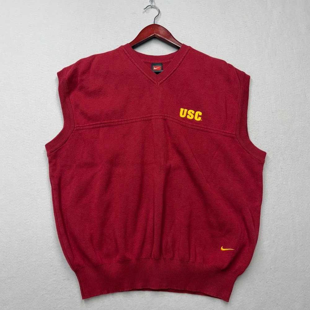 Nike Sweater Vest Mens XL Burgundy USC Trojans Vintage 90s V-Neck Cotton Knit